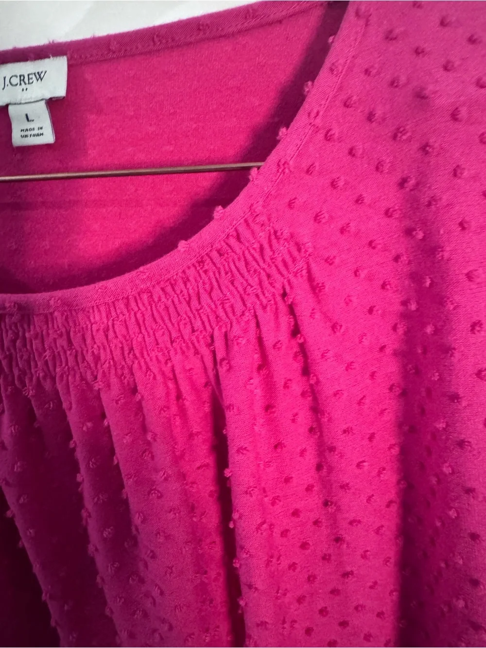 J. Crew Women's Textured Swiss Dot Scoop Neck Top Puff sleeve— Fuchsia